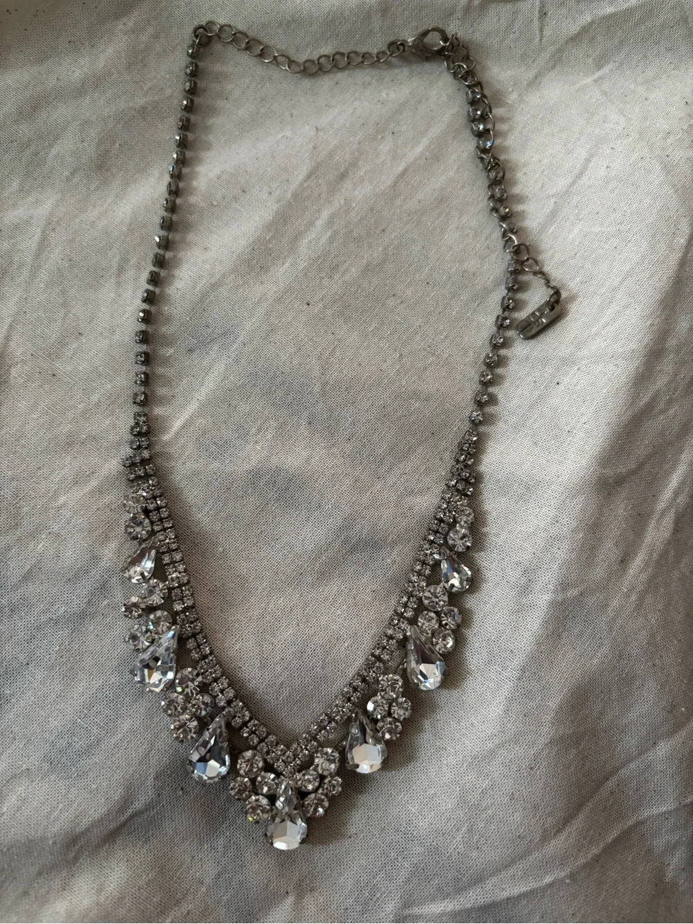 Silver Tone Rhinestone Statement Bib Necklace Crystal Teardrop Adjustable